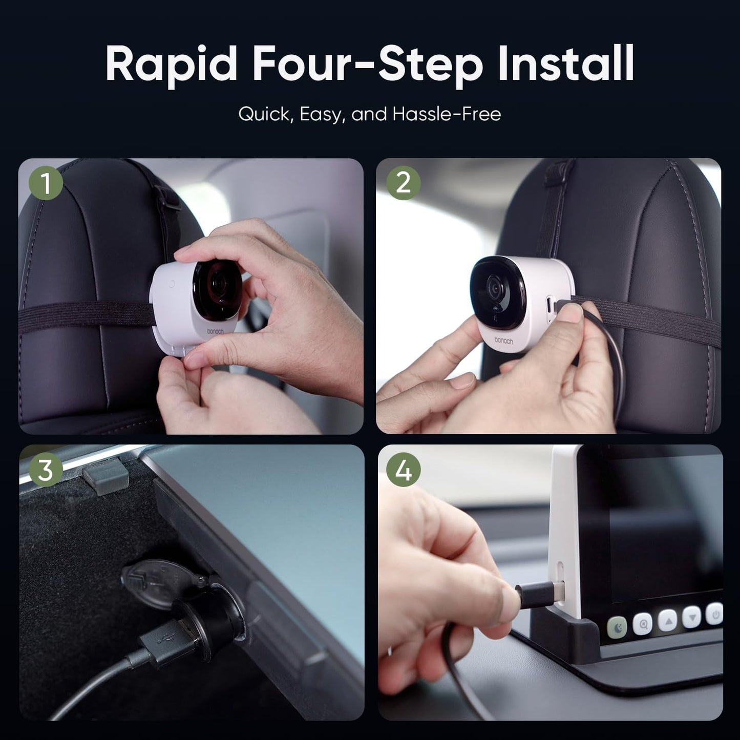 Four-step installation guide for the bonoch baby car camera, showing how to mount the camera on a car headrest and connect it.