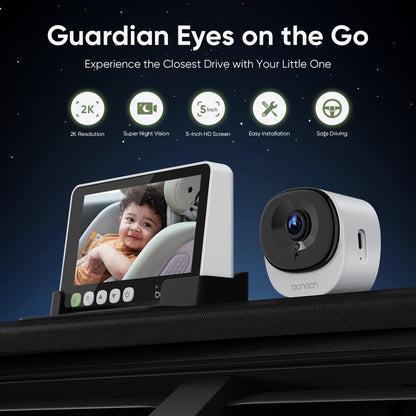 Promotional image of the bonoch baby car camera showcasing its 'Guardian Eyes on the Go' feature with a 5-inch screen and camera on a dashboard.