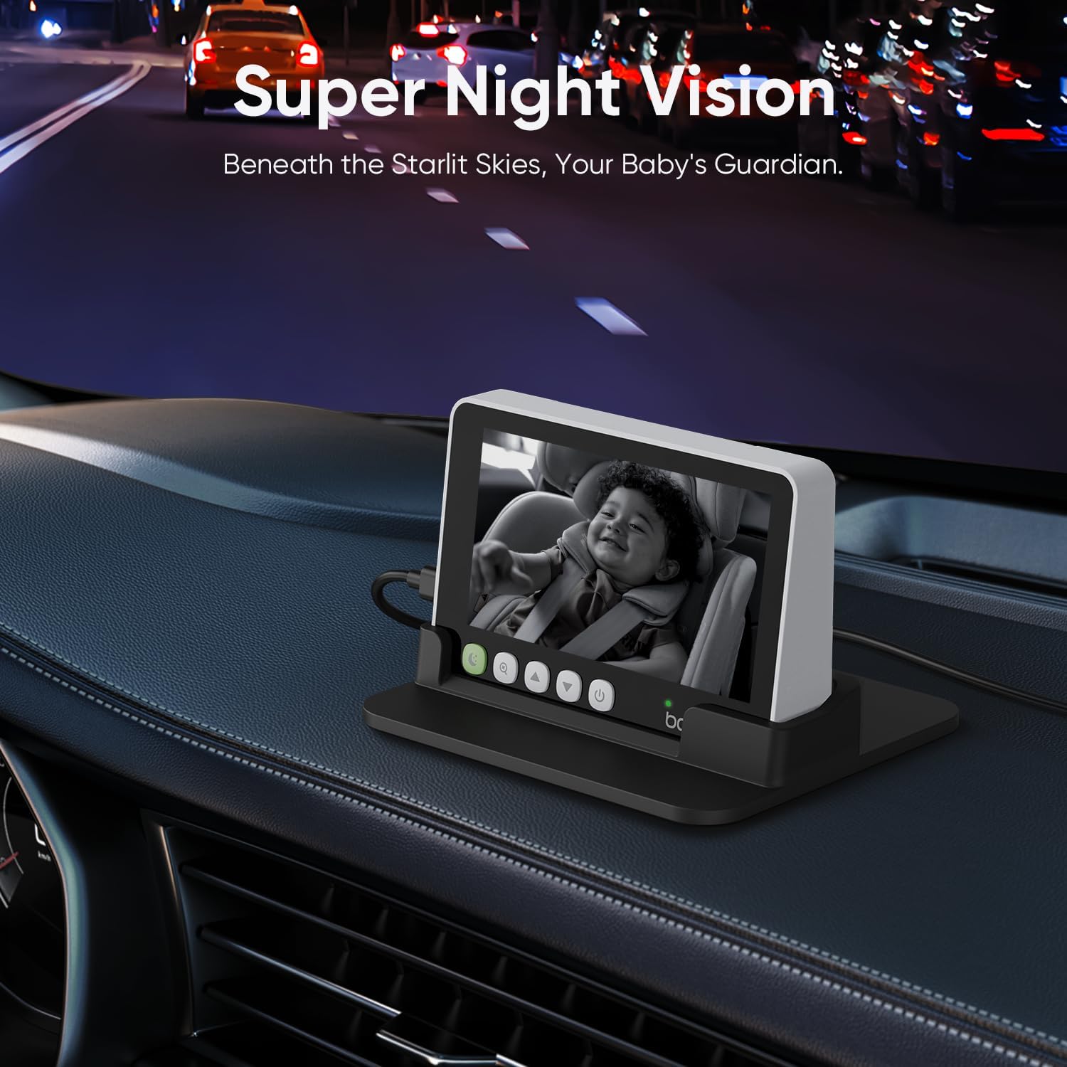 bonoch baby car camera monitor on a car dashboard at night, demonstrating the night vision feature with a clear image of a child.