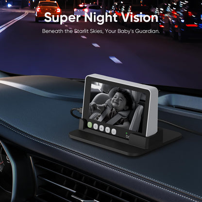 bonoch baby car camera monitor on a car dashboard at night, demonstrating the night vision feature with a clear image of a child.