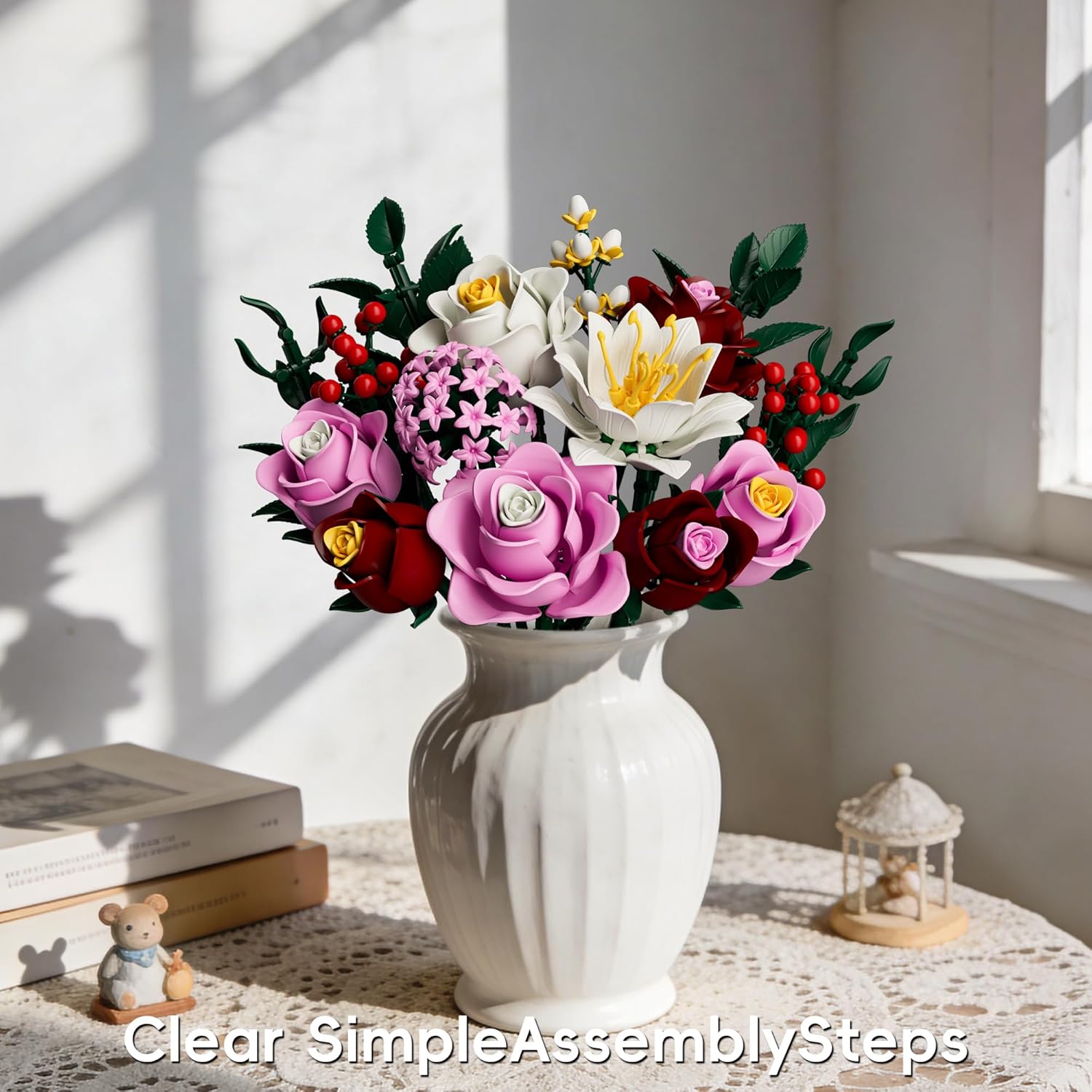 Finished botanical flower bouquet displayed inside a decorative white vase