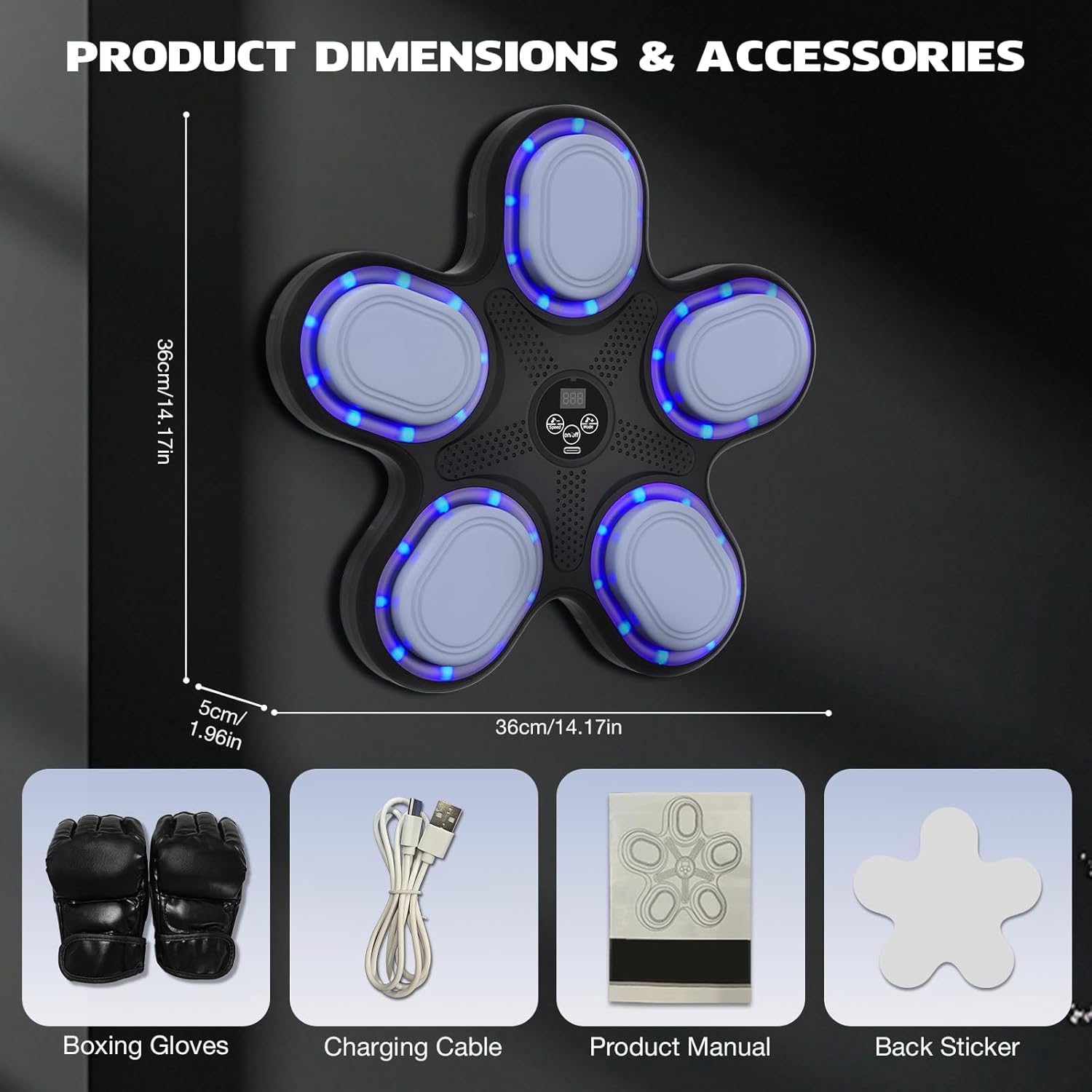 Size dimensions and included accessories of boxing device