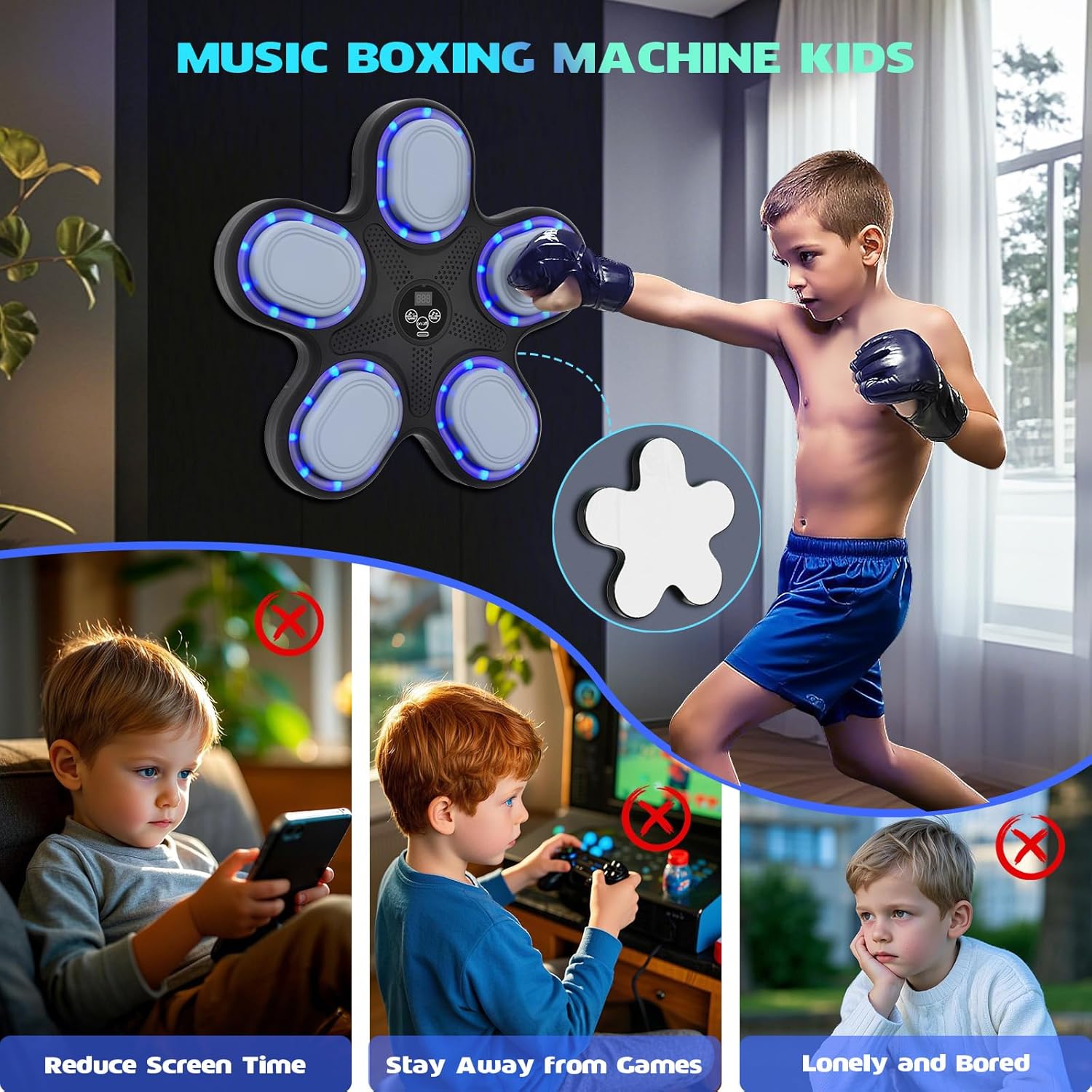 Kid using smart boxing machine on wall for interactive training