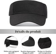 Sun visor cap with adjustable strap, curved brim and sweatband
