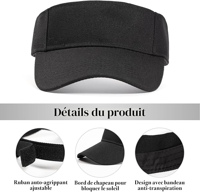 Sun visor cap with adjustable strap, curved brim and sweatband
