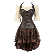 Brown buckle-strap piratecore corset outfit with cream blouse and floral skirt