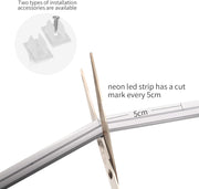 Scissors cutting the LED strip at 5cm mark with installation accessories shown