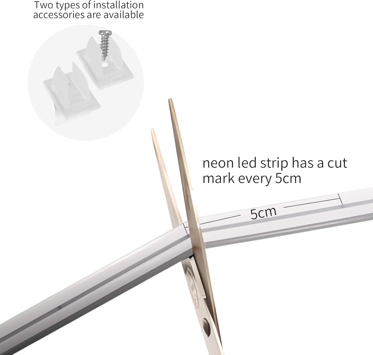 Scissors cutting the LED strip at 5cm mark with installation accessories shown