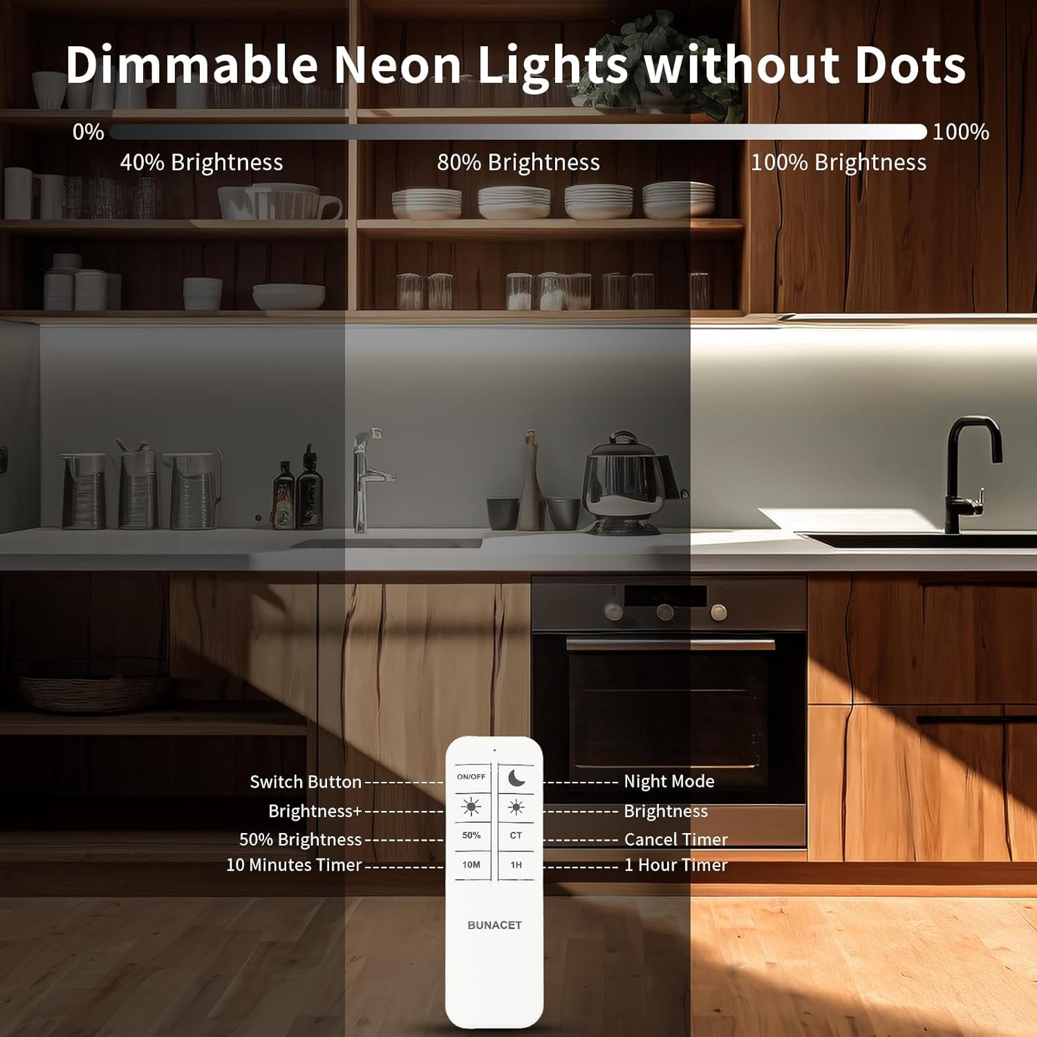 Remote-controlled dimmable neon LED strip showing different brightness levels
