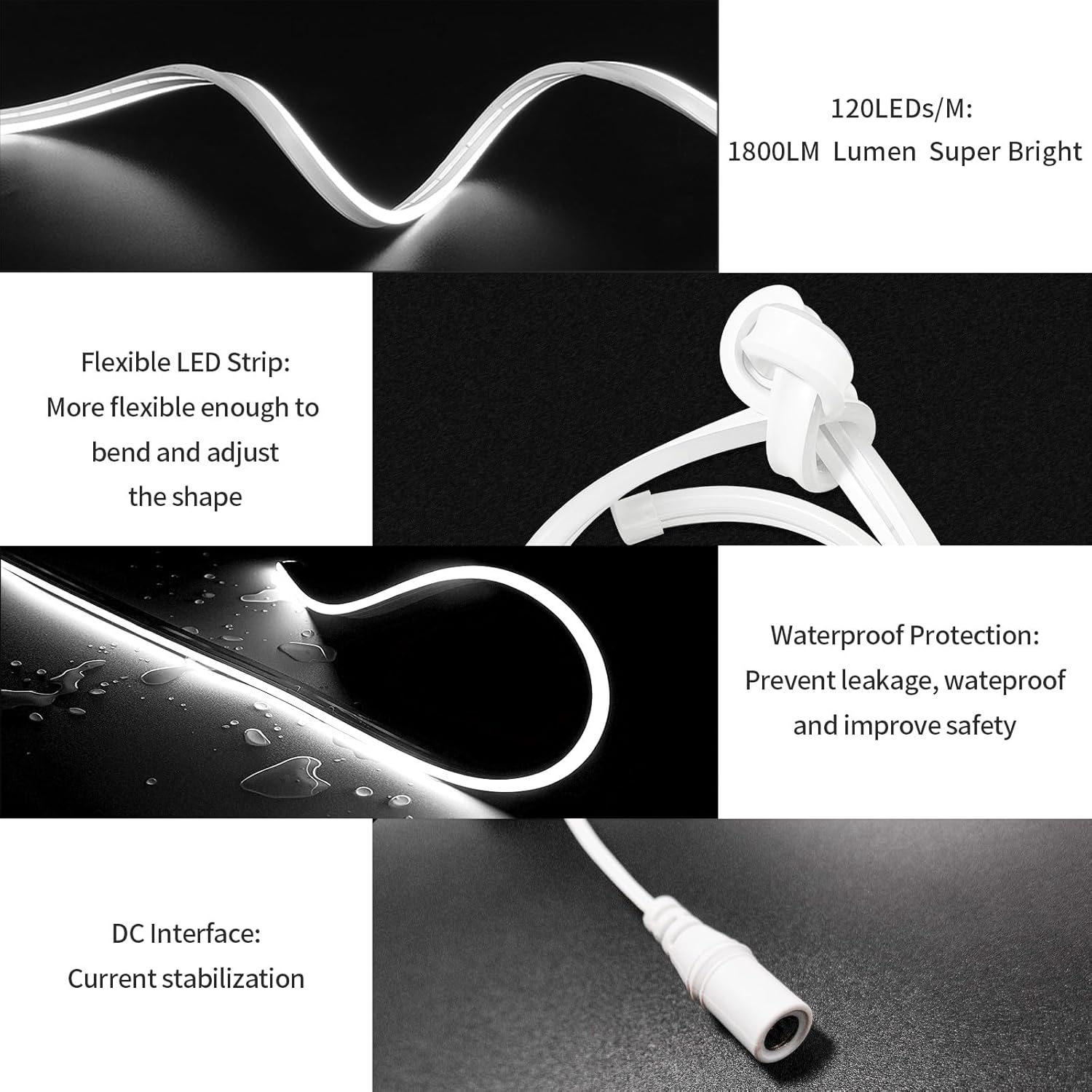 Flexible and super bright LED strip light with waterproof and safe DC connector