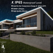 Waterproof IP65 LED neon strip lighting house exterior during rainy night