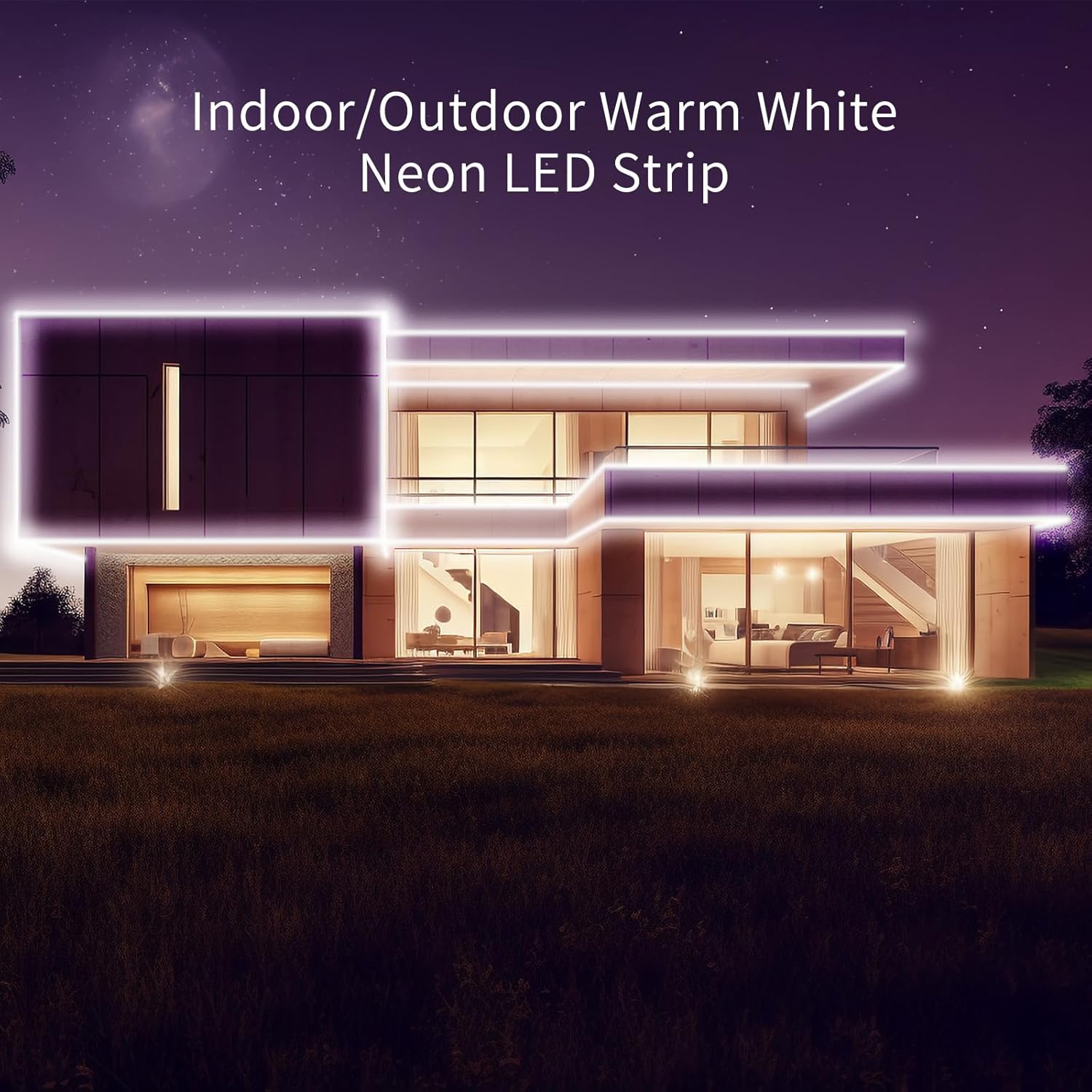 Modern house illuminated with white neon LED strip outlining architectural features