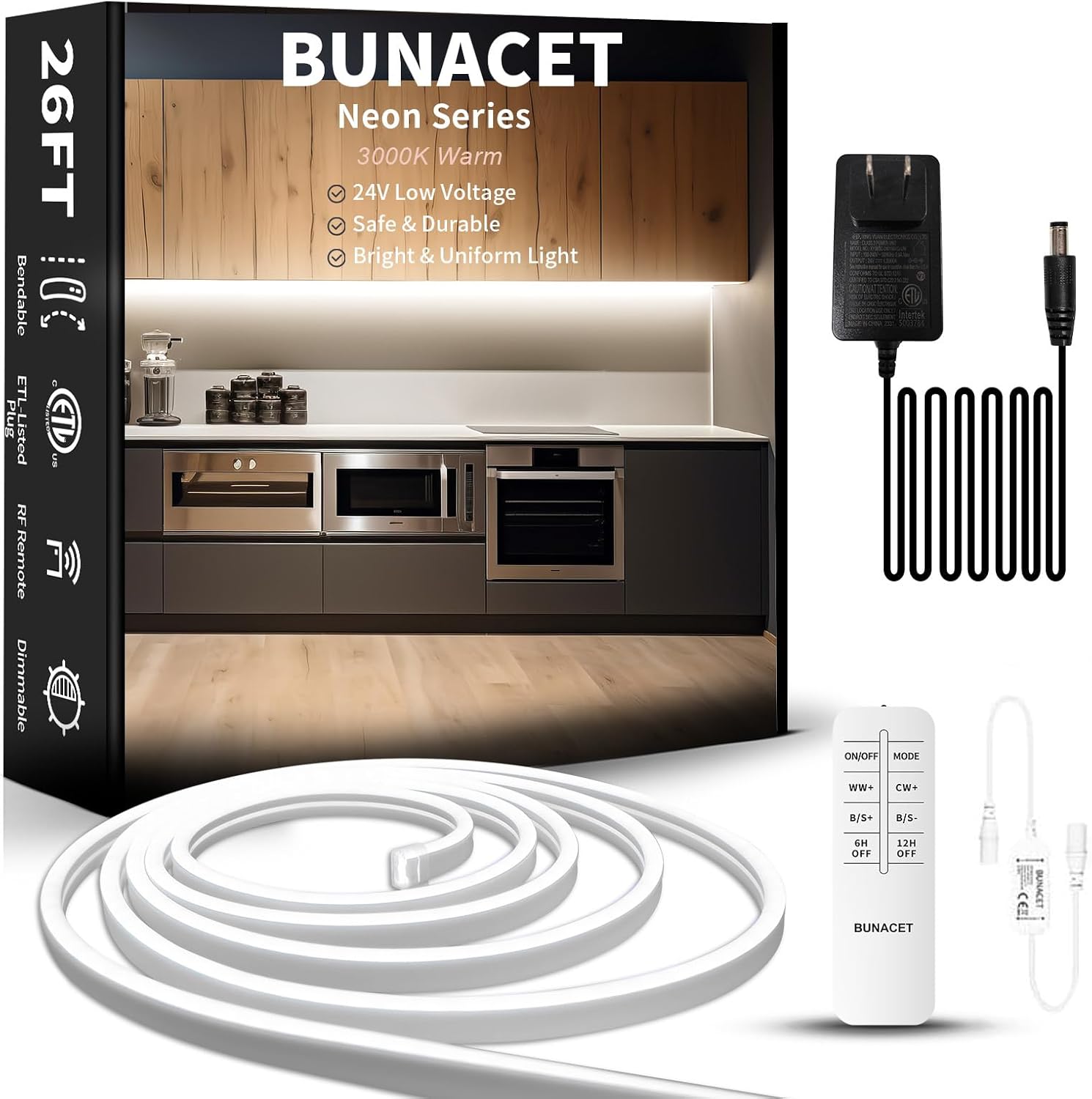 Warm white LED strip light kit with remote and power adapter for indoor and outdoor use