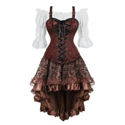 Burgundy lace-up piratecore corset outfit with white blouse and layered floral skirt