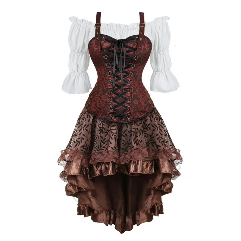 Burgundy lace-up piratecore corset outfit with white blouse and layered floral skirt