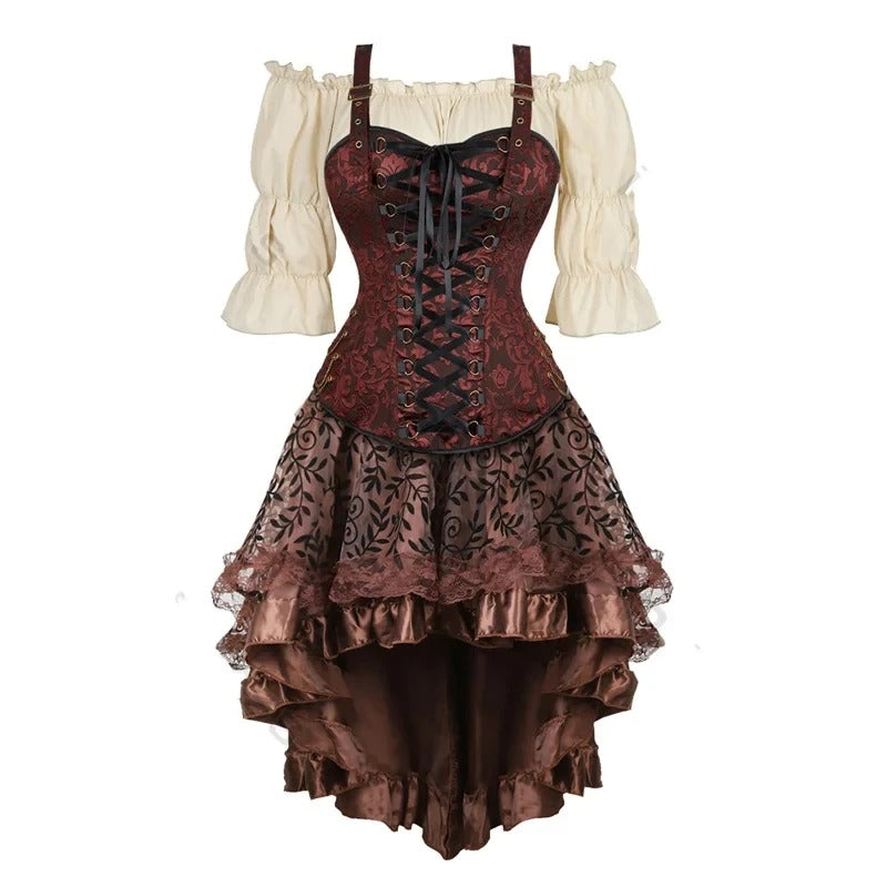 Burgundy lace-up piratecore corset outfit with cream blouse and brown ruffled skirt