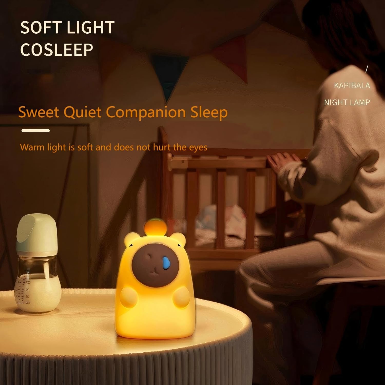 Capybara night lamp lighting up a nursery beside a crib