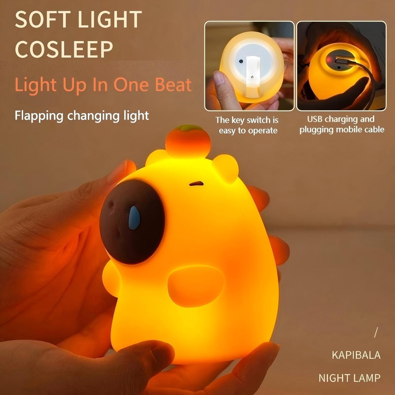 Capybara silicone lamp showing USB charging port and bottom switch