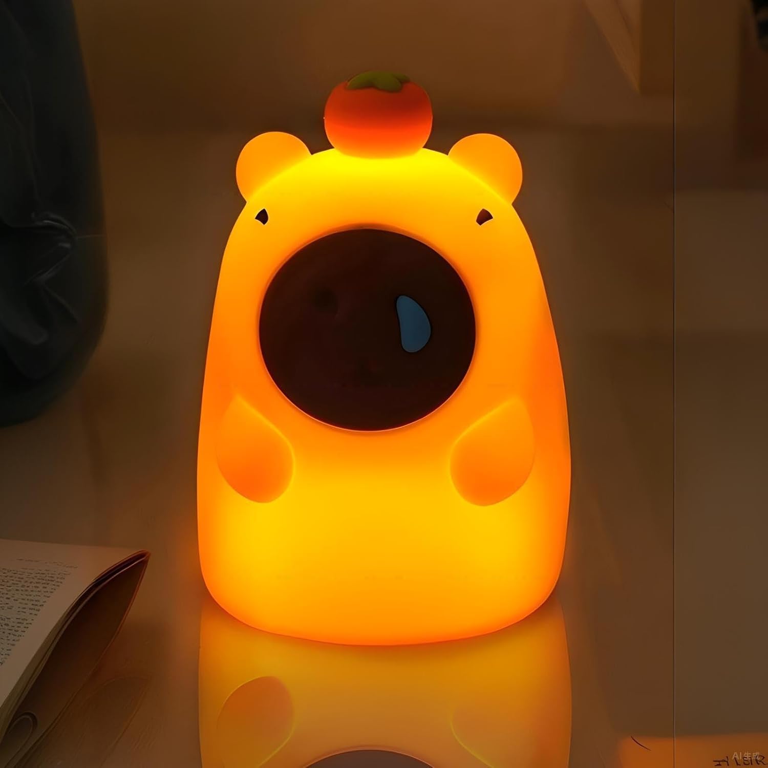 Capybara-shaped silicone LED night light glowing with warm light