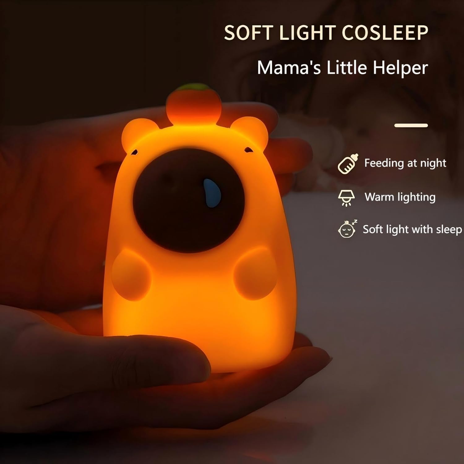 Capybara lamp being used at night with baby bottle for night feeding