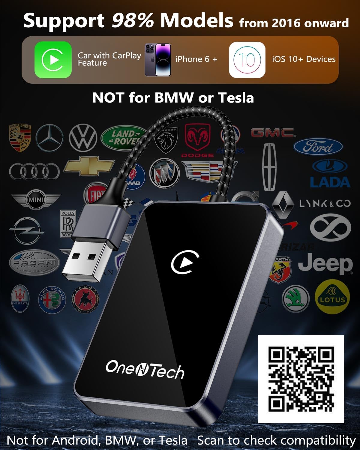 List of compatible car brands for OneNTech wireless CarPlay adapter