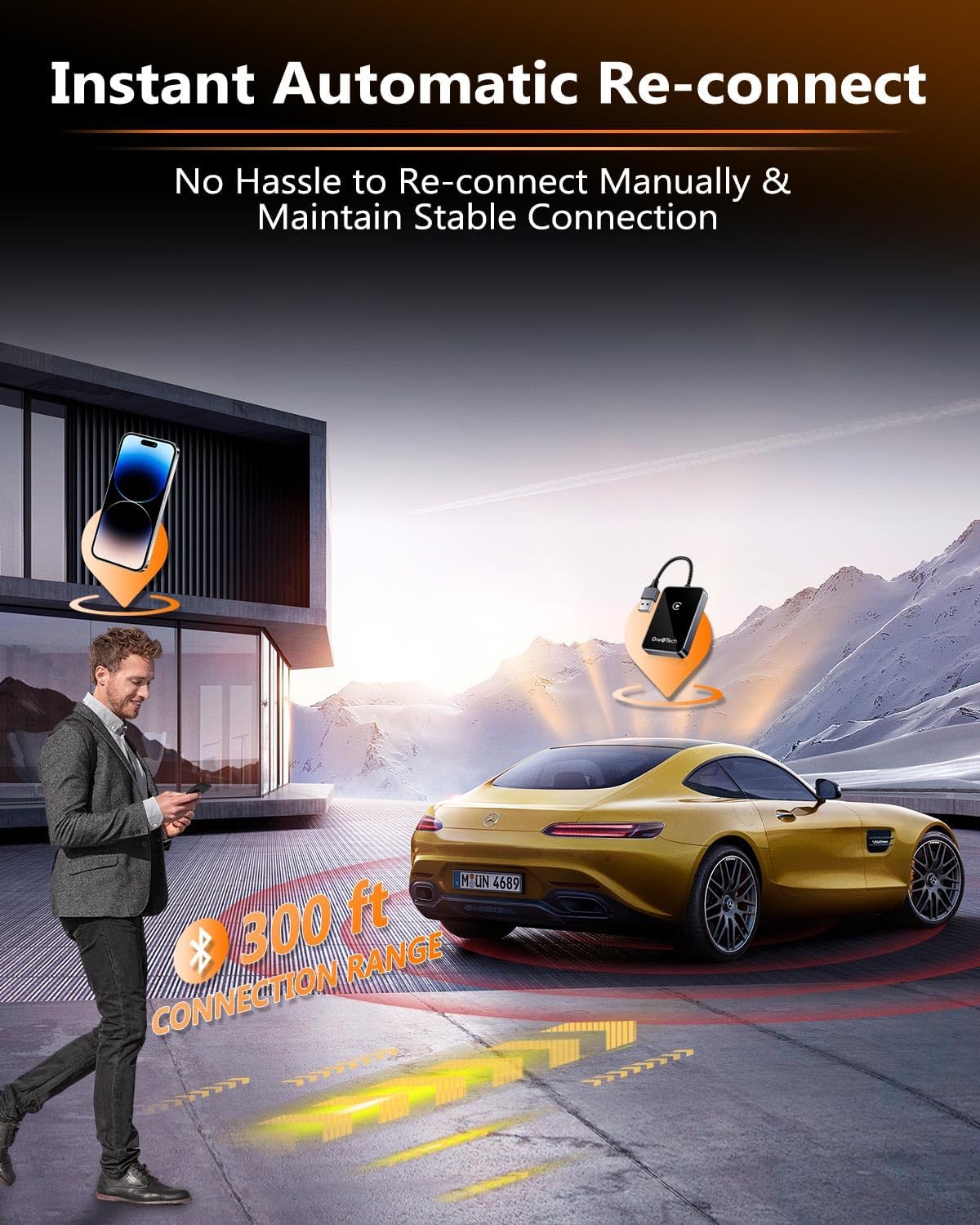 Man approaching car while OneNTech CarPlay dongle auto-reconnects