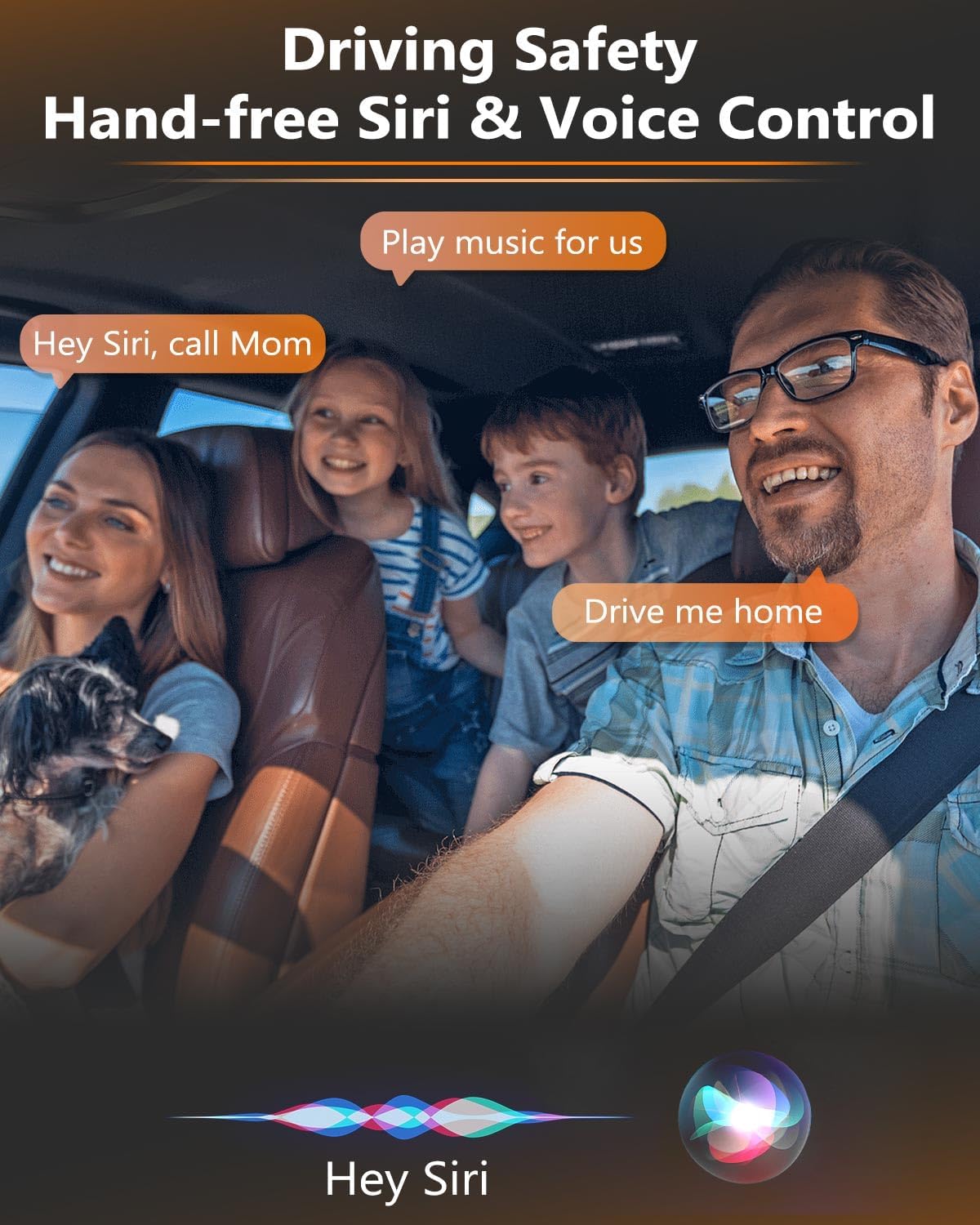 Family in car using Siri voice control with wireless CarPlay dongle