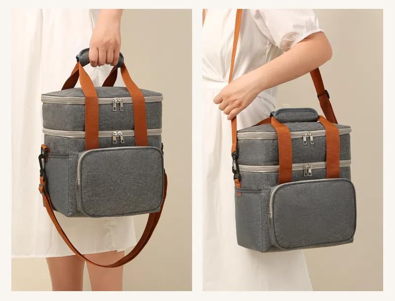 Woman holding and wearing the dual-layer lunch bag with shoulder strap.