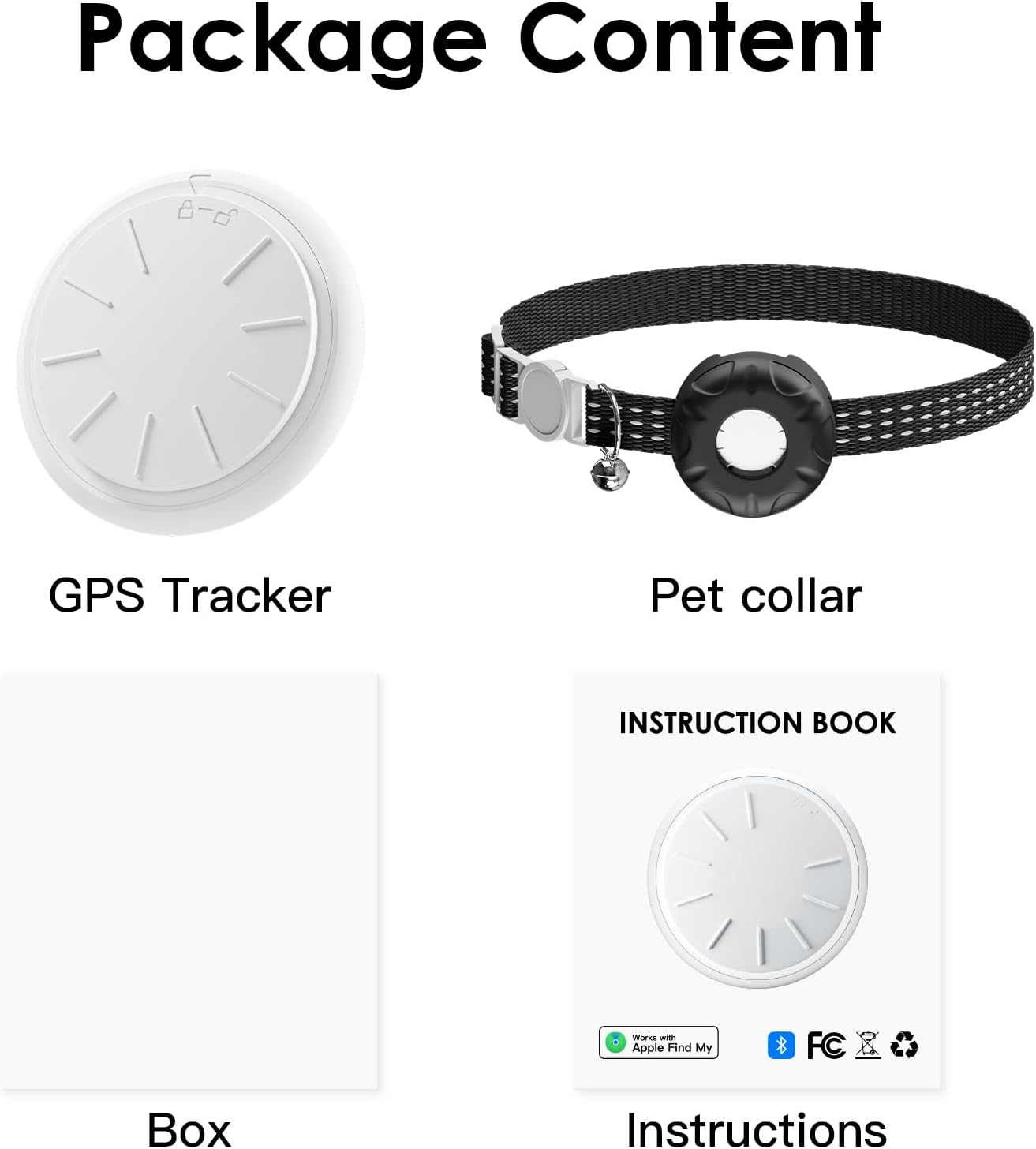 Package content list with GPS tracker, pet collar, box, and instructions on a white background.