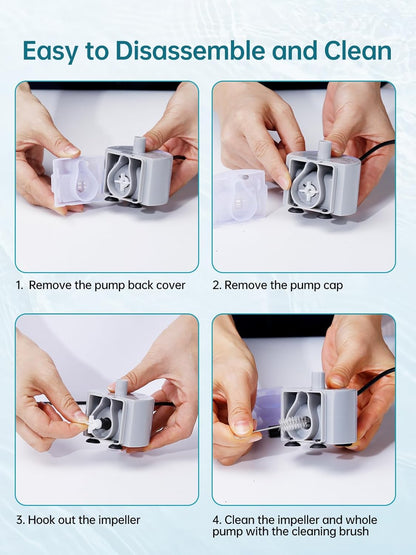 Step-by-step guide showing how to disassemble and clean the SMA-800 pump with included cleaning tools.