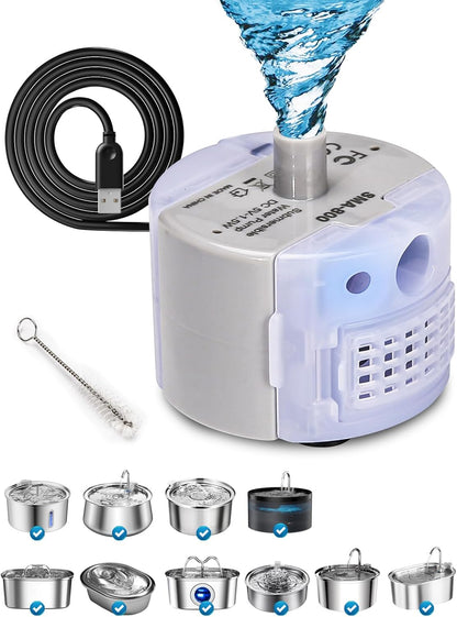 Main view of the SMA-800 ultra-silent water pump with USB cable and cleaning brush.