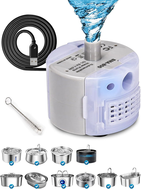 Main view of the SMA-800 ultra-silent water pump with USB cable and cleaning brush.