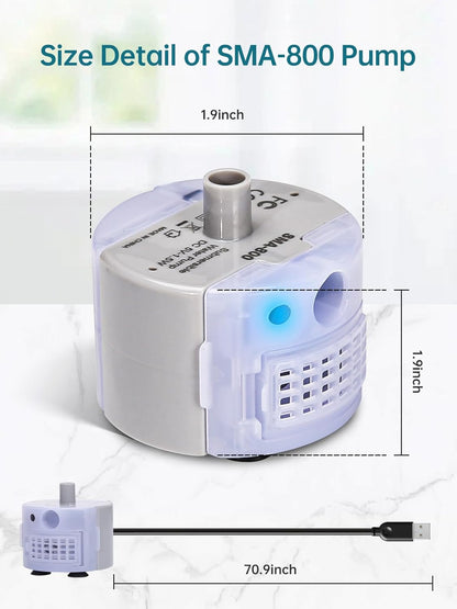 Size details of the SMA-800 water pump with dimensions and USB cable length (70.9 inches).