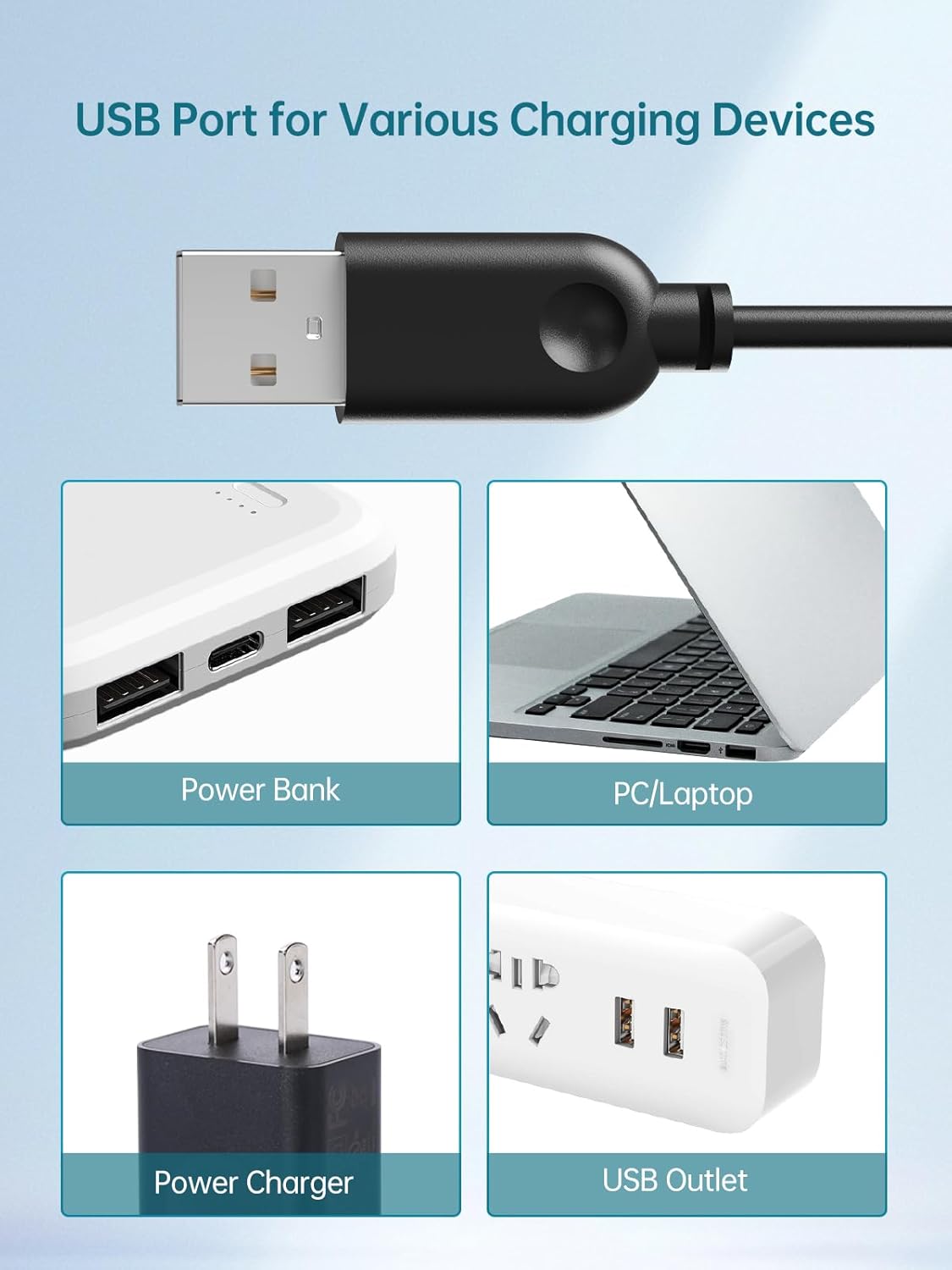 USB connectivity options for the SMA-800 pump, compatible with power banks, laptops, and USB outlets.