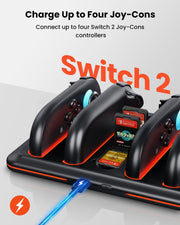 Joy-Con charging station for Switch 2 holding four controllers and game cards