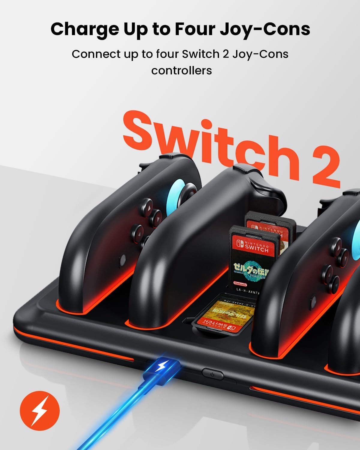 Joy-Con charging station for Switch 2 holding four controllers and game cards