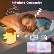 Girl sleeping beside a glowing chicken night light with USB-C charging.