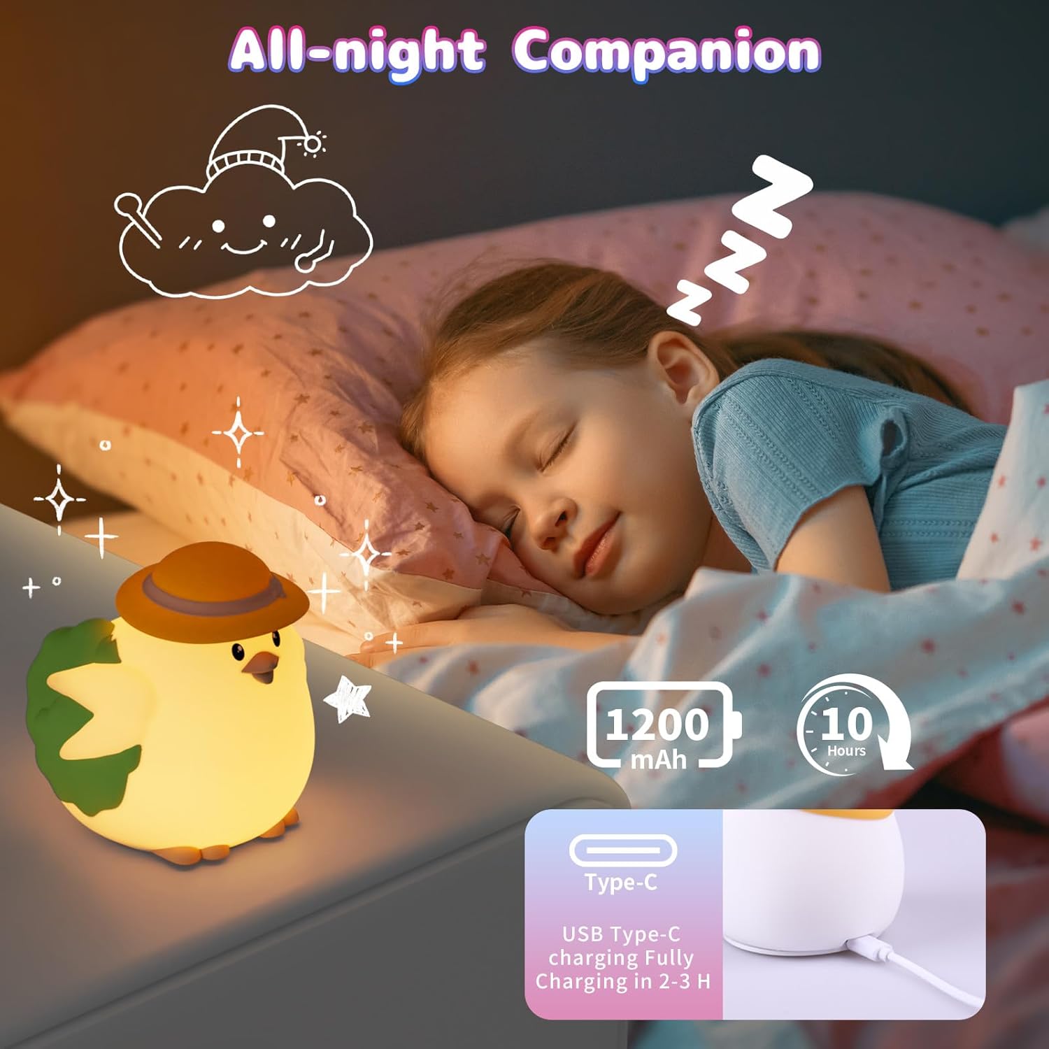 Girl sleeping beside a glowing chicken night light with USB-C charging.