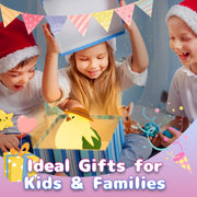 Children excitedly unboxing a chicken-shaped night lamp gift.