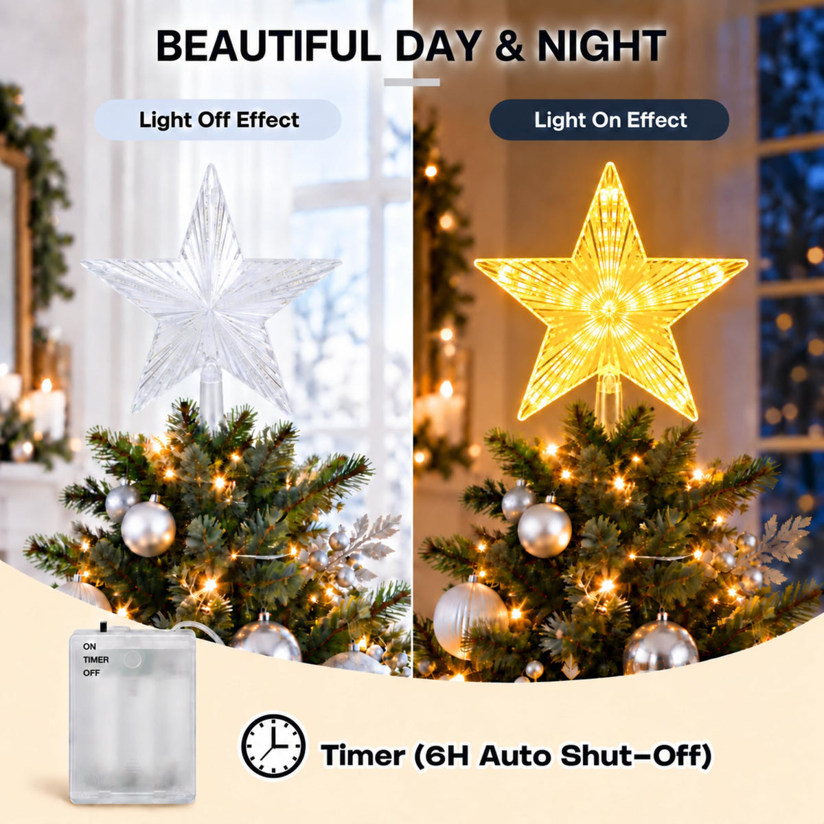 LED Christmas tree topper star, warm white illuminated decoration, view 4