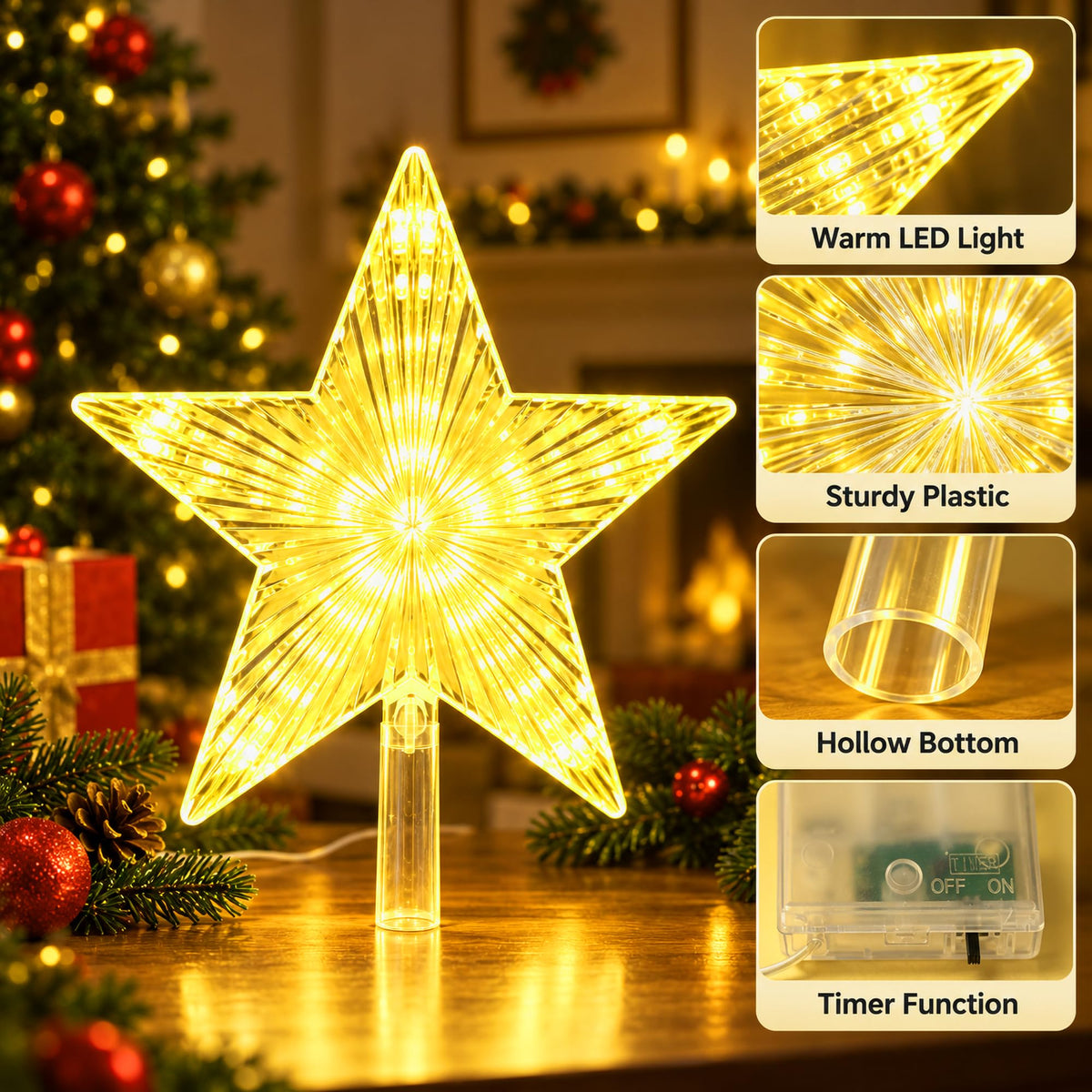 LED Christmas tree topper star, warm white illuminated decoration, view 5
