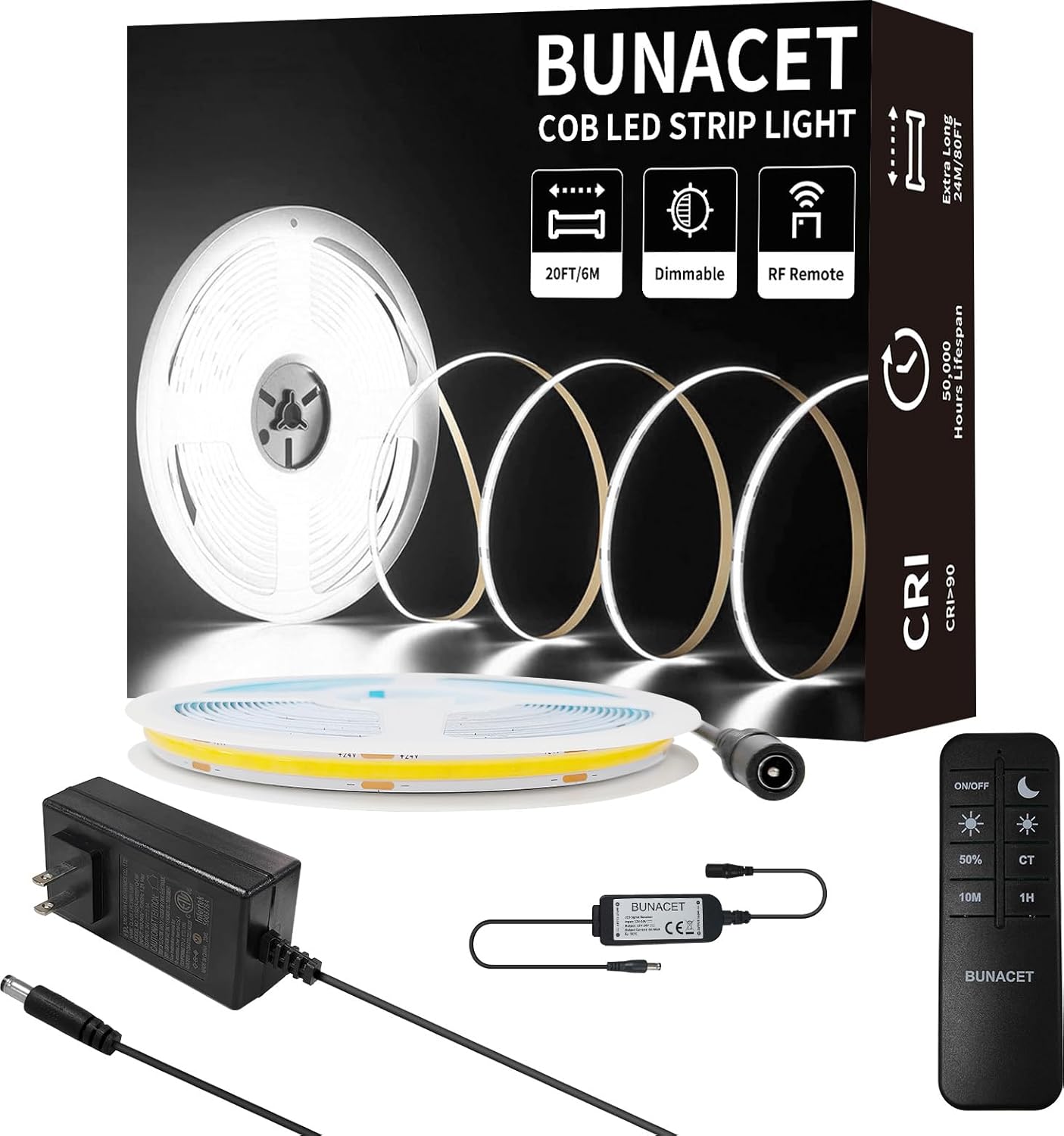 COB LED strip light kit 6m 6500K with remote and power adapter