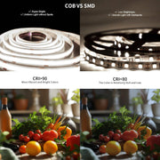 COB vs SMD LED strip comparison showing higher brightness and CRI 90
