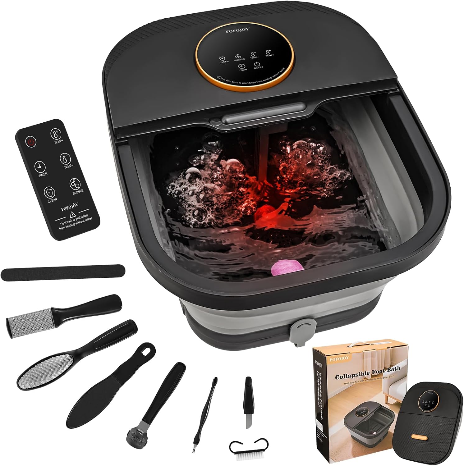 Collapsible heated foot spa with remote control and massage
