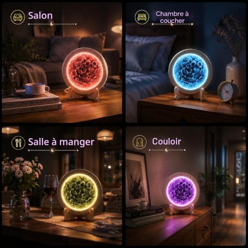 Color-changing DIY moon lamp used as decorative lighting in a living room, bedroom, dining room and hallway