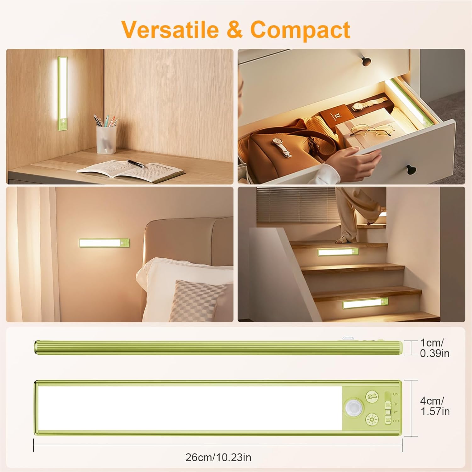 Compact LED light used on stairs, drawers, and bedroom walls for versatile lighting.