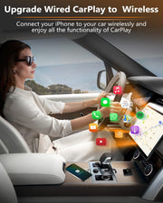 Woman using OneNTech adapter for wireless Apple CarPlay in car
