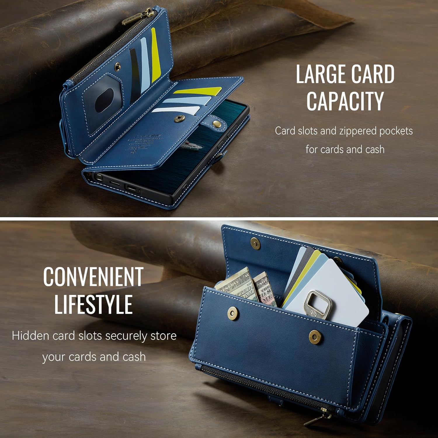 Compact leather phone wallet with hidden card storage and cash slots