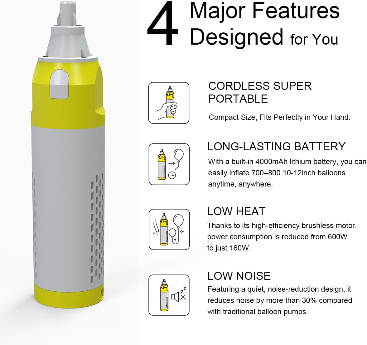 Cordless balloon inflator with 4000mAh battery and quiet operation