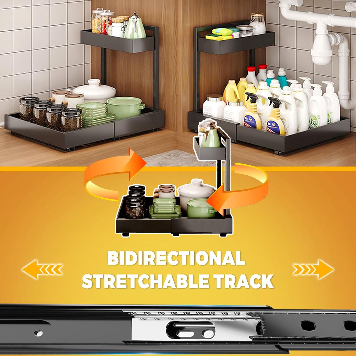 Corner cabinet organizer with bidirectional tracks and L-shaped frame